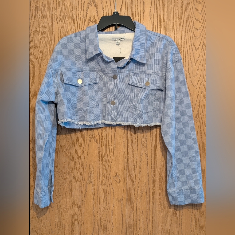 Fashion Nova Cropped Light Blue Checkered Jean Jacket